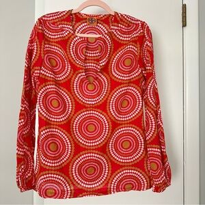 Tory Burch Tunic Shirt Womens 6 Red White Gold Print Long Sleeve 100% cotton